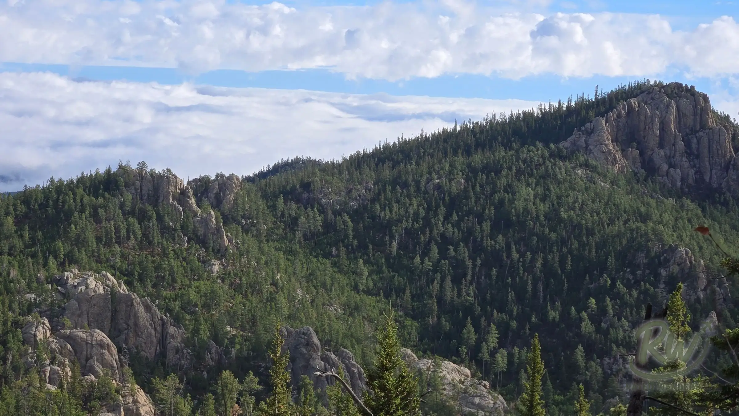Forested ridges with rocky outcrops under a band of low cloud